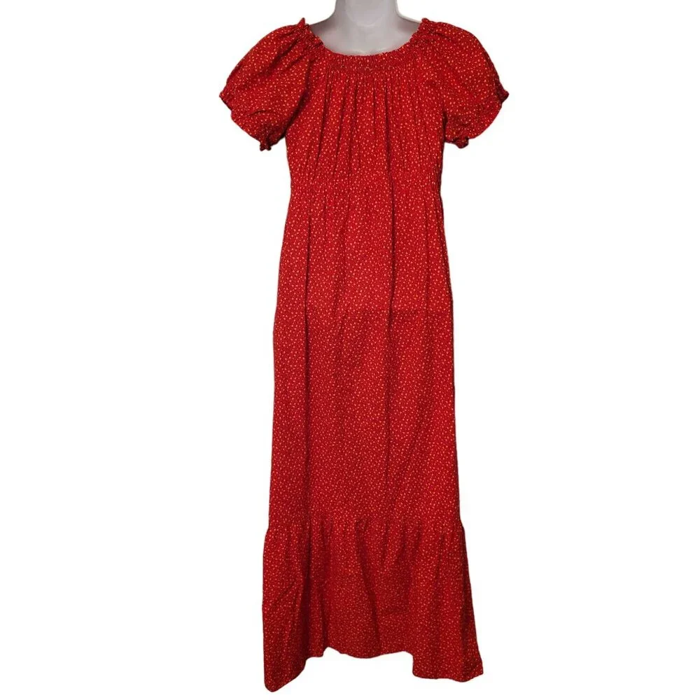 Vintage Red Calico Floral Puff Sleeve Maxi Dress Modest Prairie Western Cottagec
